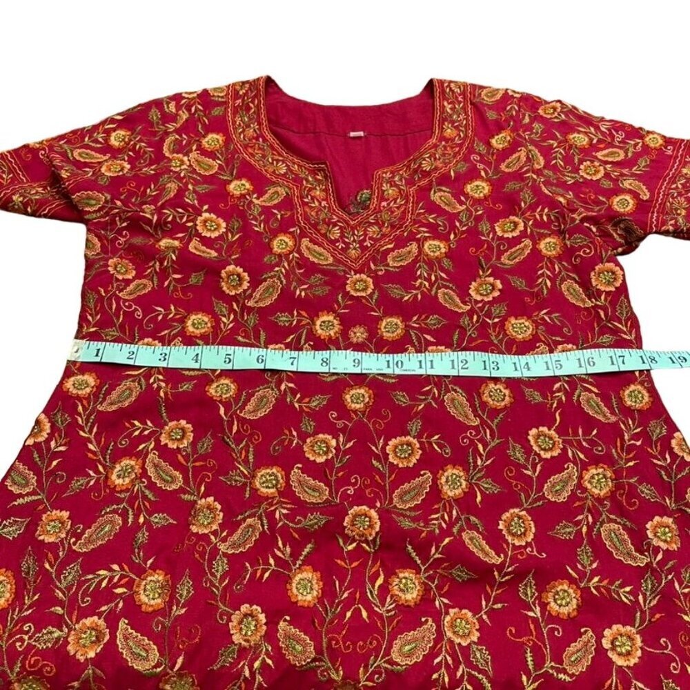 Indian Red Floral Embroidered Short Sleeve Kurta Dress and Pants 2 Piece Set - Picture 8 of 16